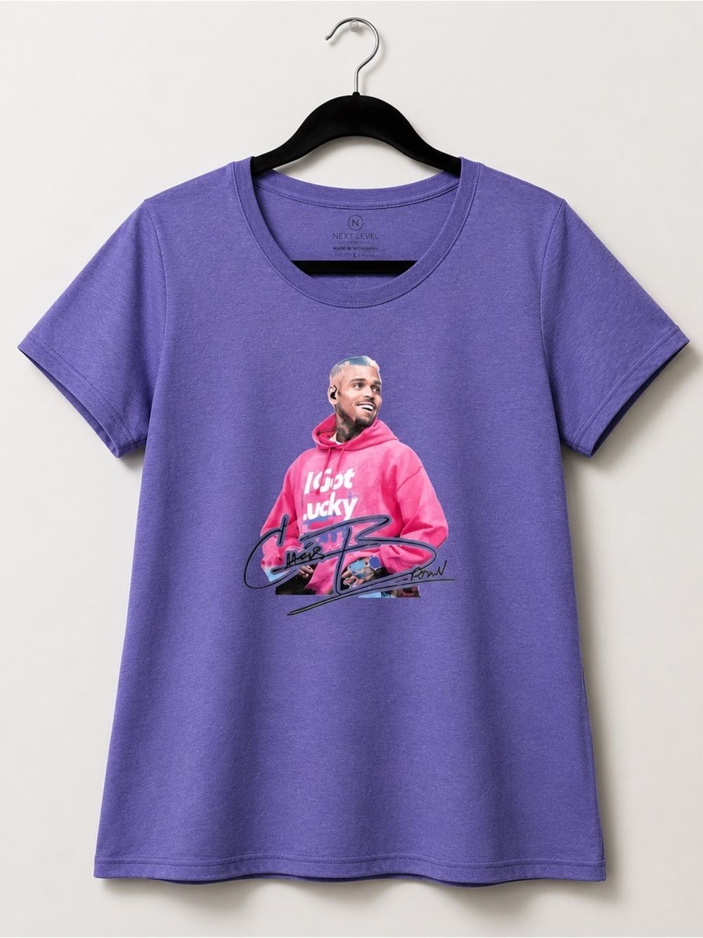 Purple “Chris Brown” Graphic Tee with Colorful Photo Print